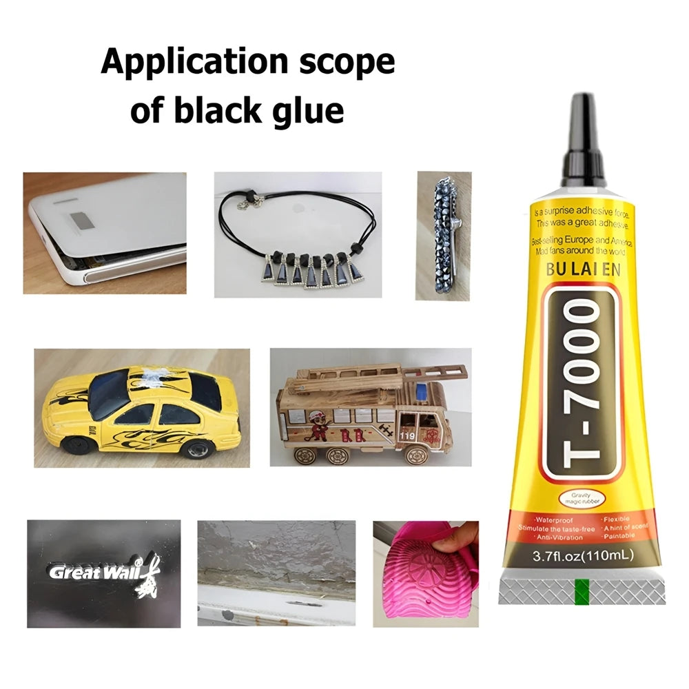 T-7000 contact repair adhesive tube with black applicator nozzle, shown with repair samples