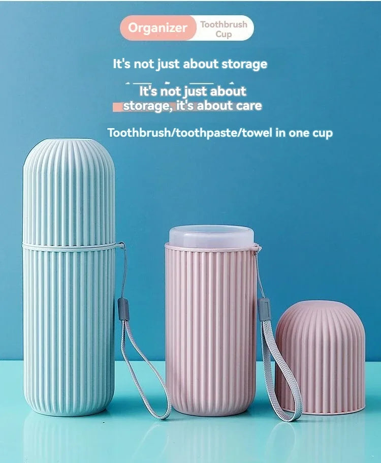 Travel toothbrush and toothpaste organizer set with ribbed cases in blue and pink