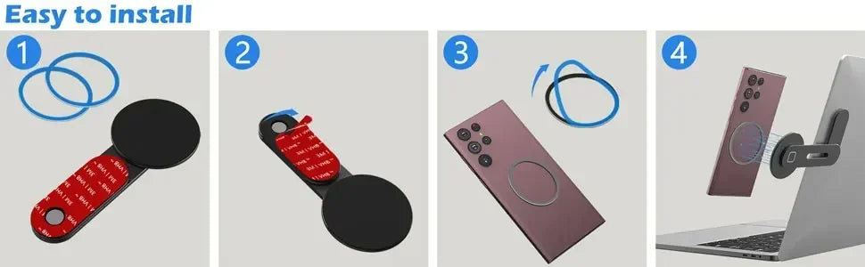 Step-by-step installation showing sticker placement and metal ring attachment to the case