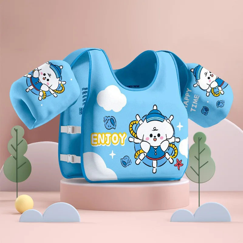 Light blue swim buoyancy vest with arm floats, cartoon character print and playful details