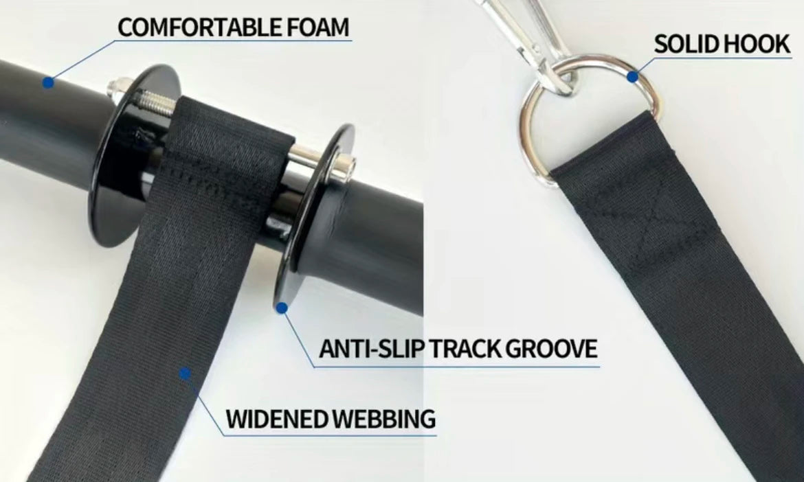 Black strap and foam grip with anti-slip groove and solid metal hook