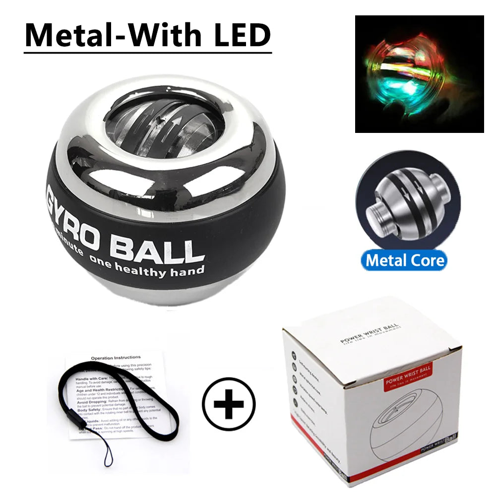 Metal gyro wrist ball with LED light, plus wrist strap, showing included packaging
