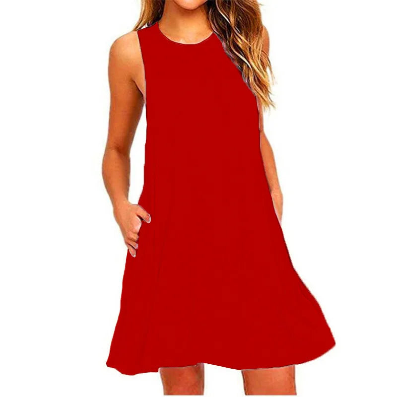 Red sleeveless swing T-shirt dress with crew neck and side pockets