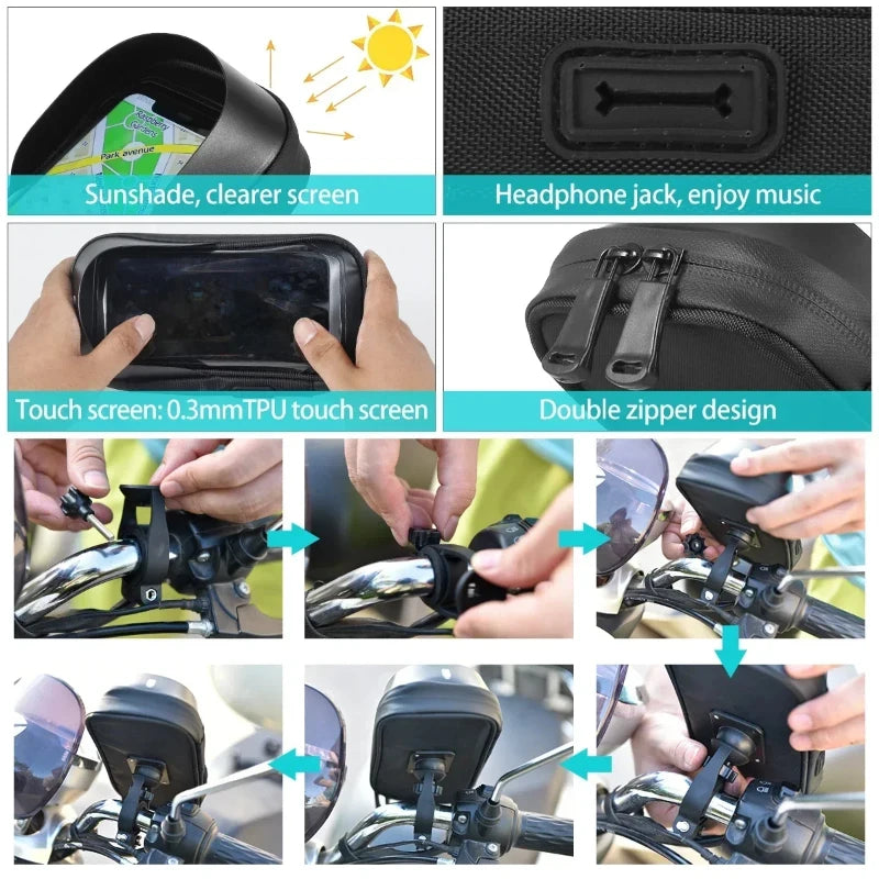 Waterproof bike phone pouch with double zipper, clear touchscreen window, black