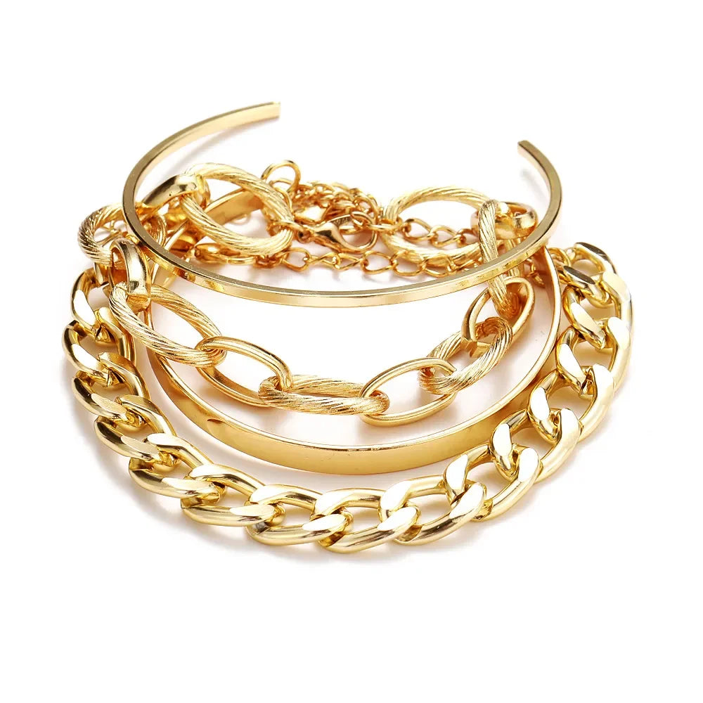 Gold-tone layered chain and open bangle bracelet set with chunky links