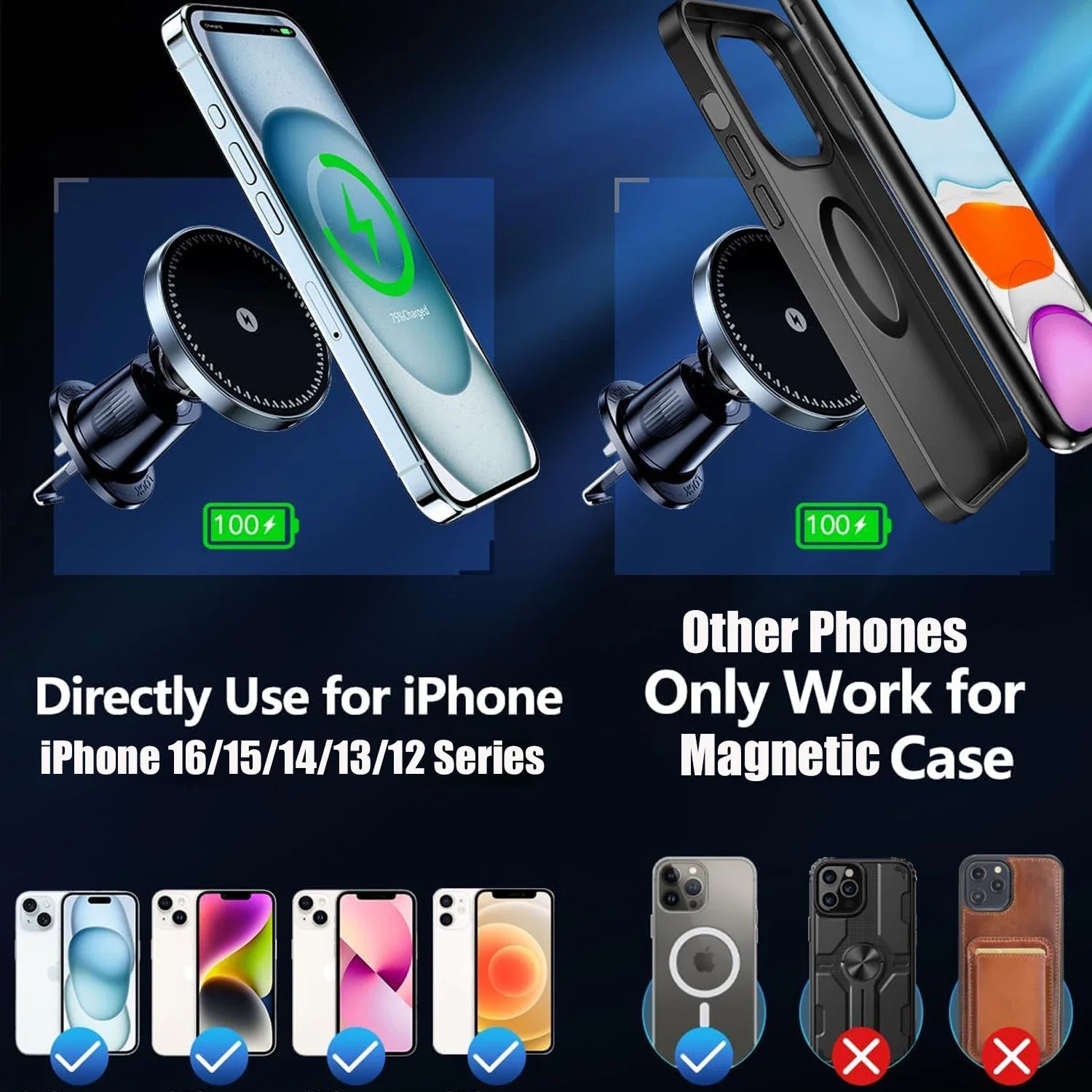 Black magnetic wireless car phone charger mount with circular magnetic face