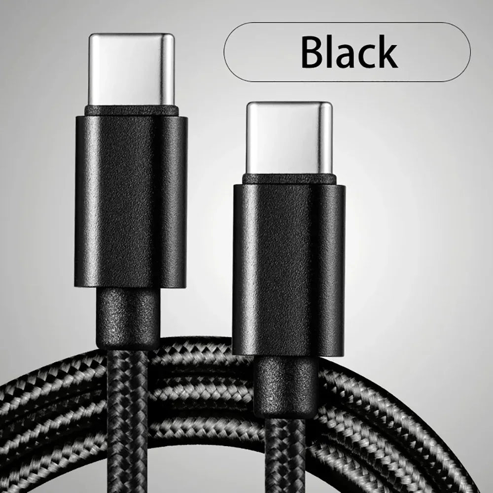 Black USB-C to USB-C fast charging cable with braided jacket and Type-C plugs