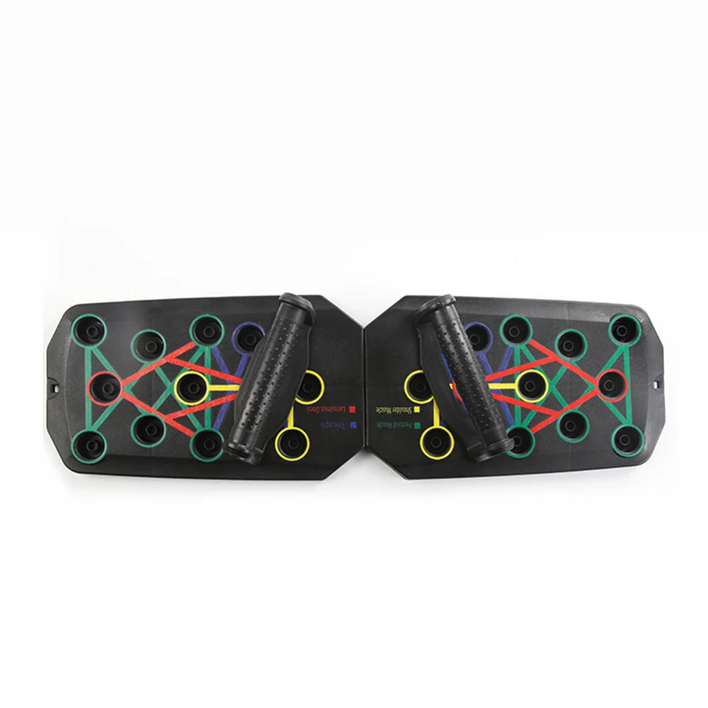 Foldable push-up board set open view with textured handles and multi-ring patterns