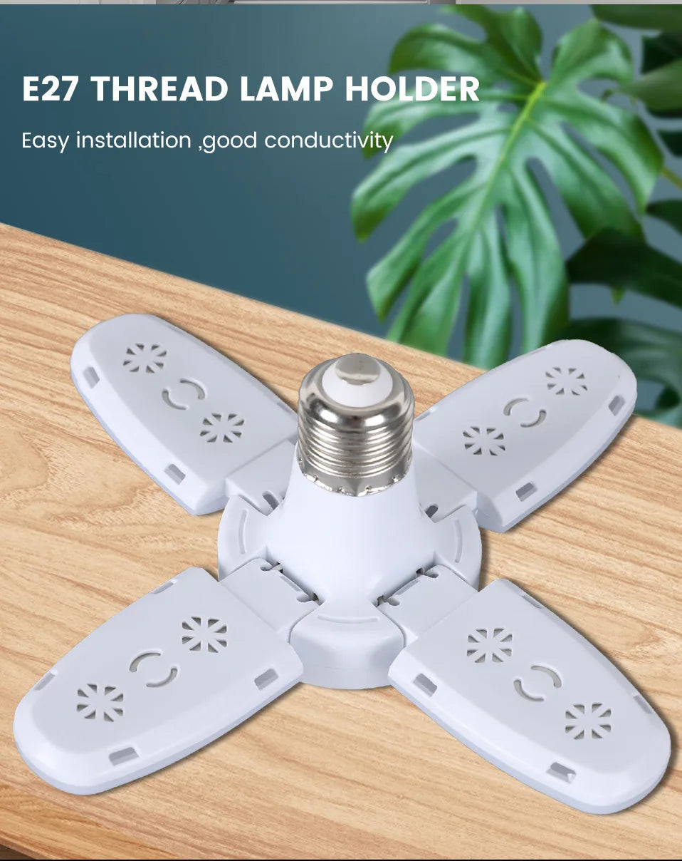 White E27 folding LED lamp with screw base and four adjustable fan blades