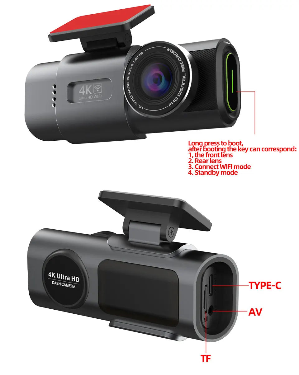 Dash cam side view with Type‑C, AV, and microSD (TF) ports on the body