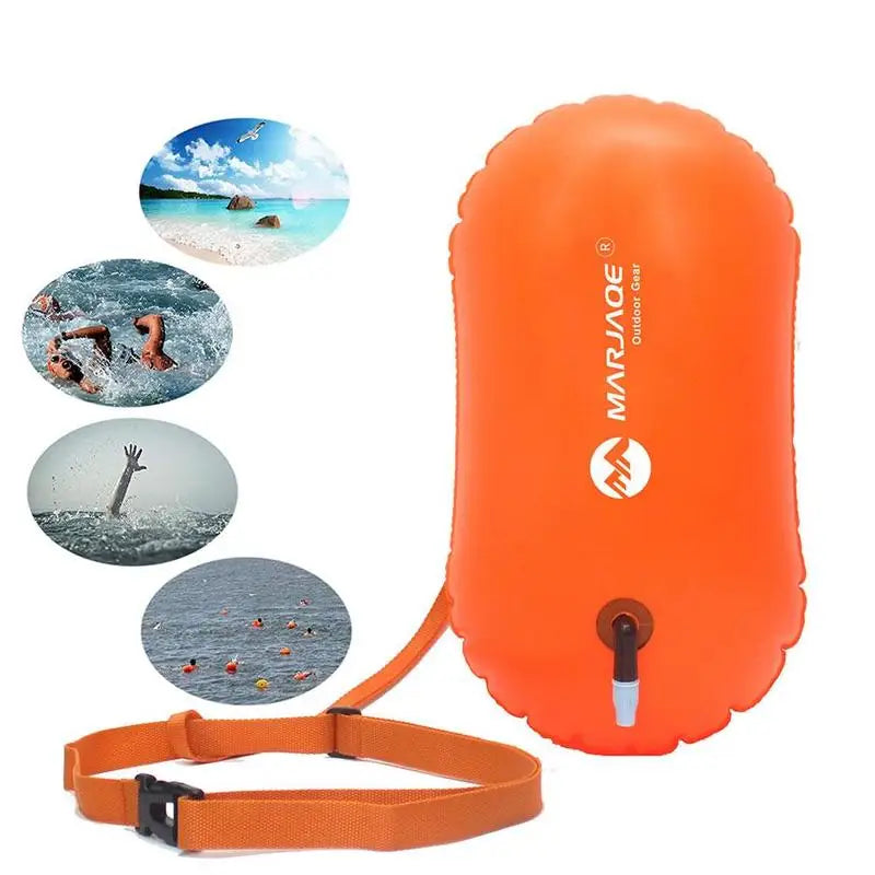 Inflatable swim buoy tow float in orange with wrist/shoulder strap and air valve