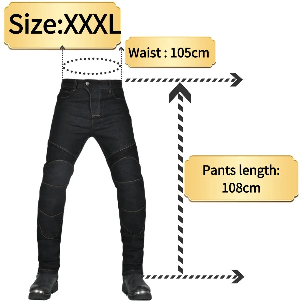 Black motorcycle riding jeans with knee and thigh protective armor panels