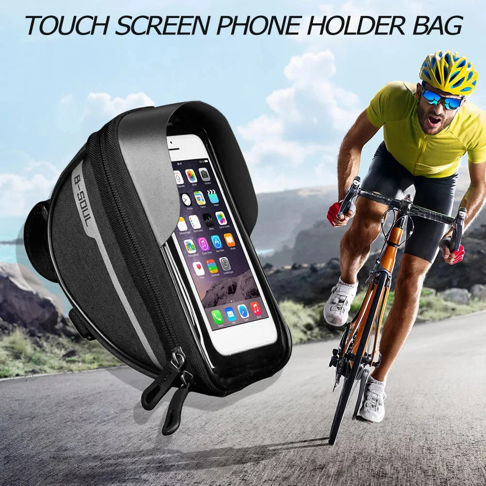 Black bike handlebar touch-screen phone holder bag with clear touchscreen window