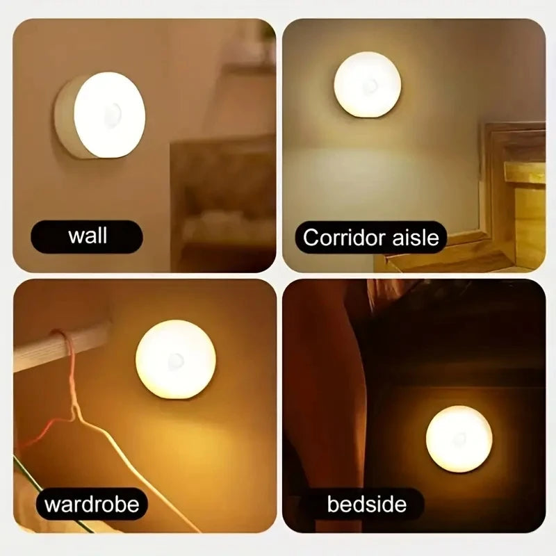 Round motion sensor night light mounted for wall, corridor, wardrobe, and bedside
