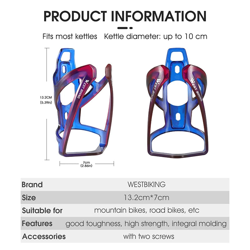 Blue and red bicycle water bottle cage, front opening and side mounting tabs