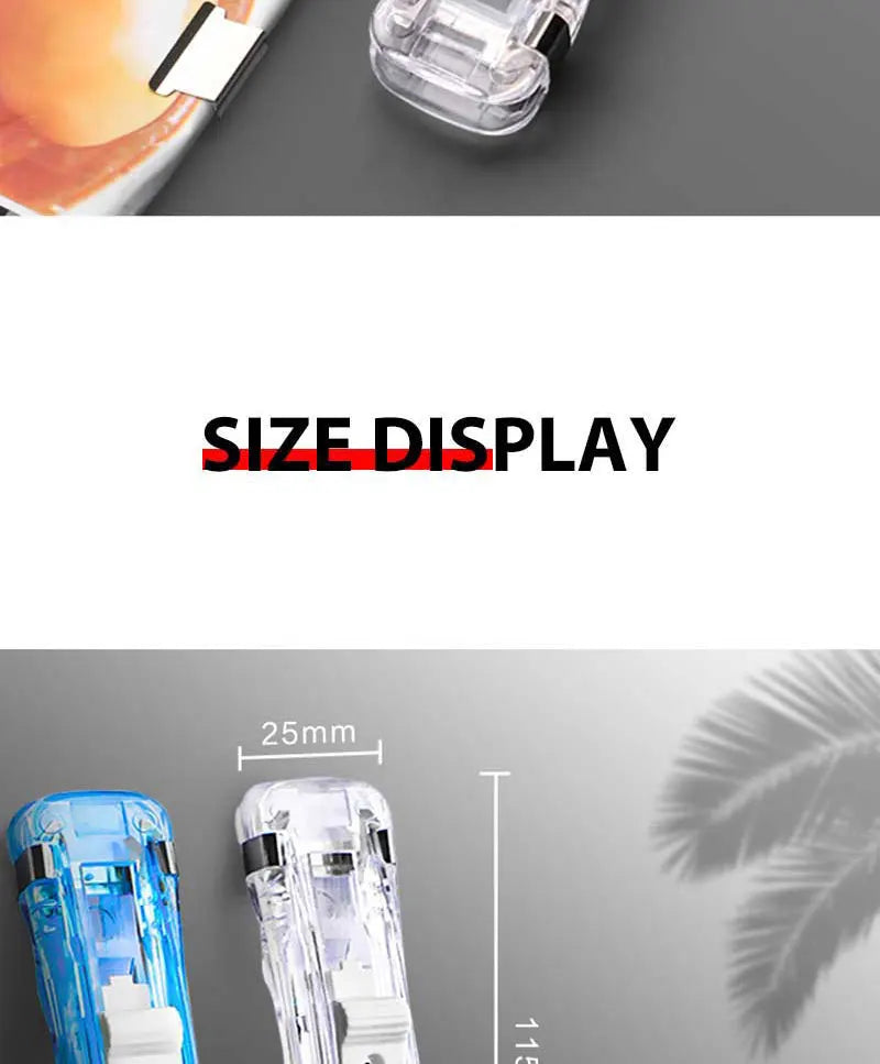 Clear mini push stapler clip tool with size display and paper card