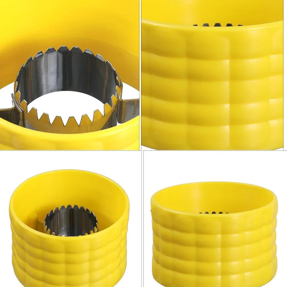 Yellow corn cob stripper peeler close-up showing serrated blade and ridged container.