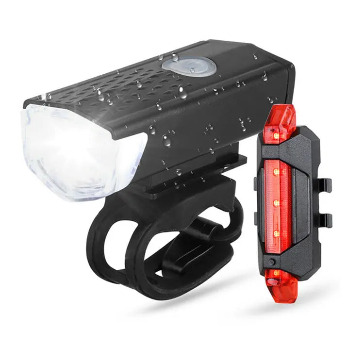 USB rechargeable front and rear bicycle lights set: black headlight and red tail light