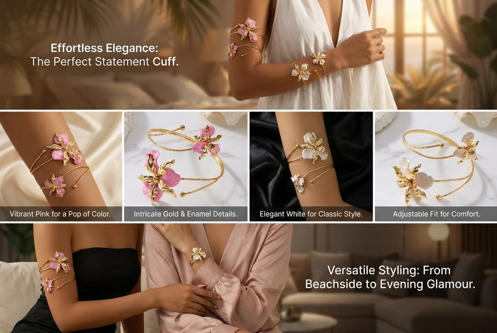 Gold floral cuff arm bracelet with pink enamel flower details and adjustable chain loops