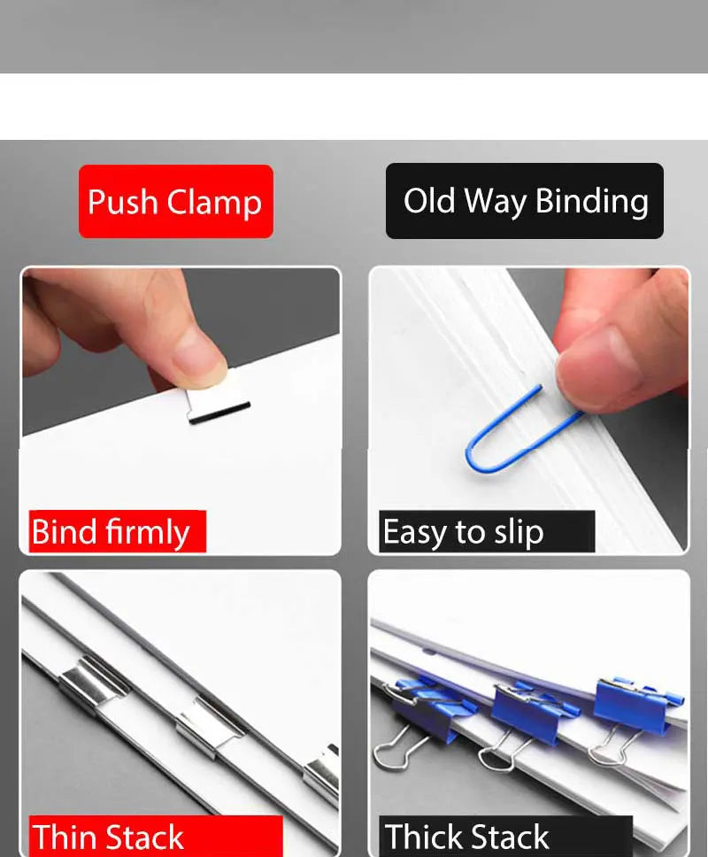 Reusable push clamp paper stapler vs traditional binding tool, hands applying to paper