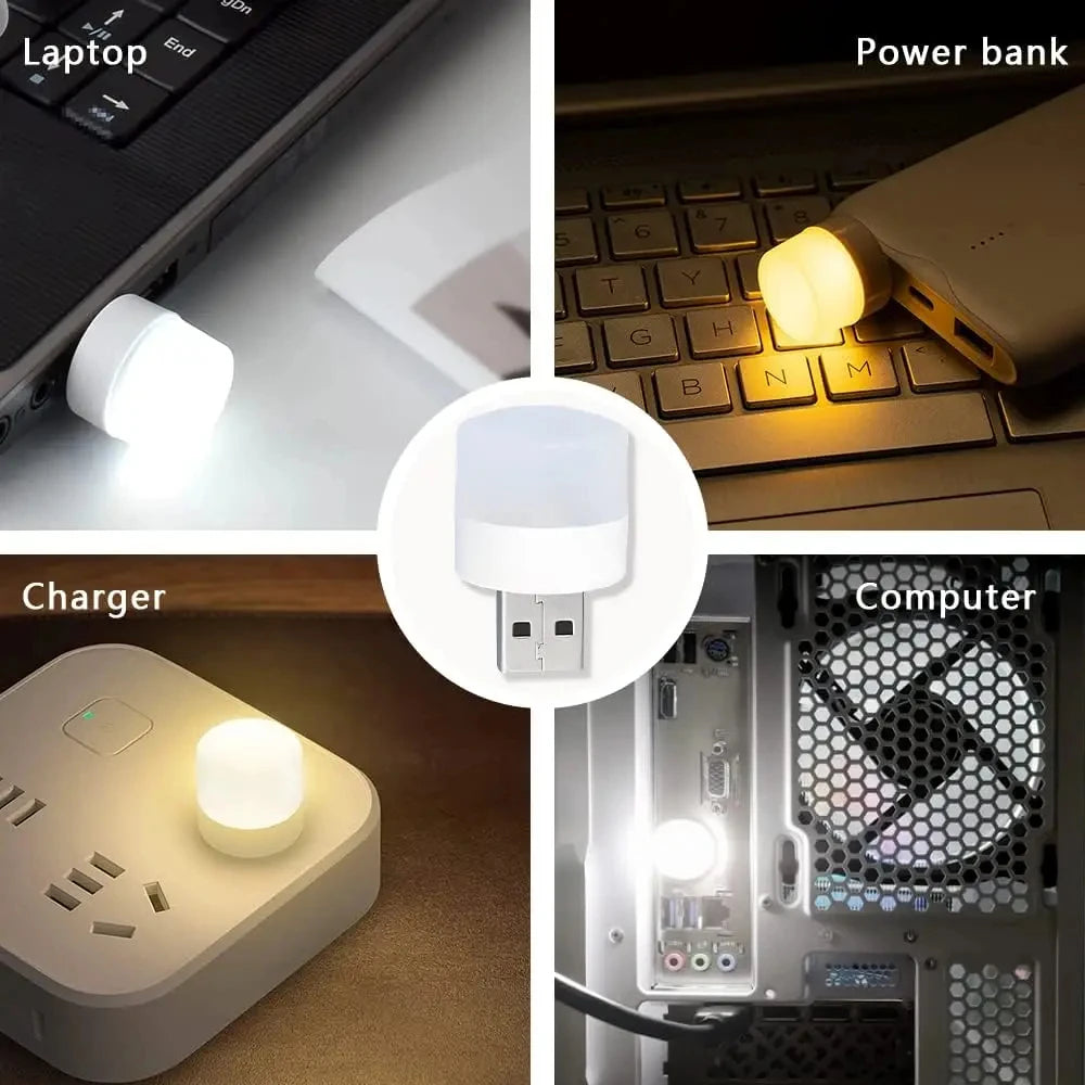 White round USB mini LED night light with glowing bulb, for power bank or laptop use