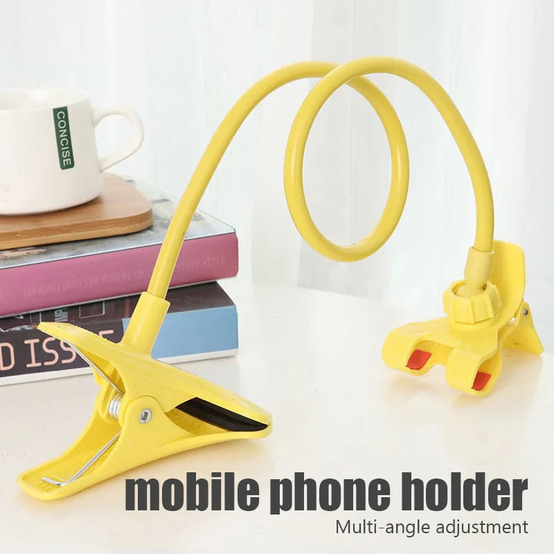 Yellow flexible phone holder with spring arm and clamp for desk mounting