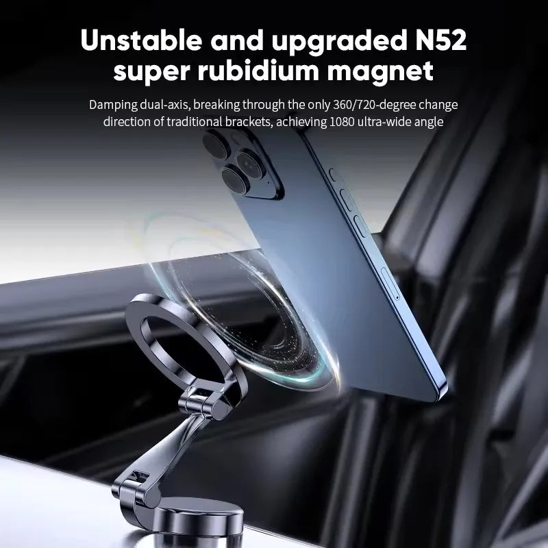 Black MagSafe car phone holder with magnetic ring attached to a vent mount