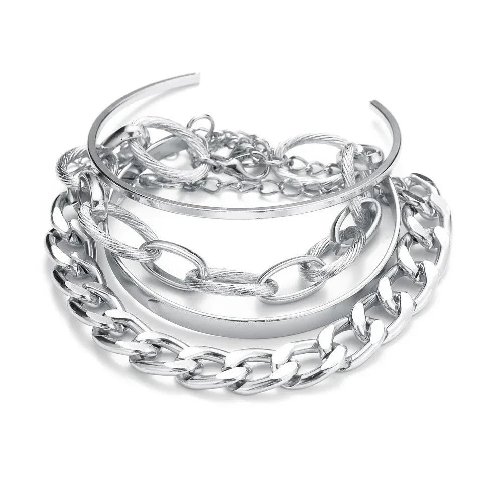 Silver chain bangle bracelet set with stacked open cuffs and thick link bands