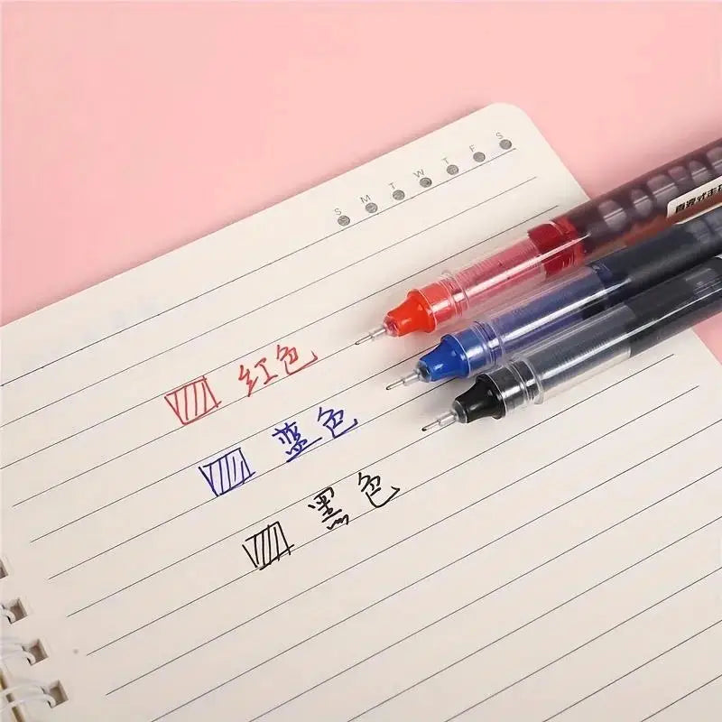 Fine-point gel pens in red, blue, and black writing on lined notebook paper.