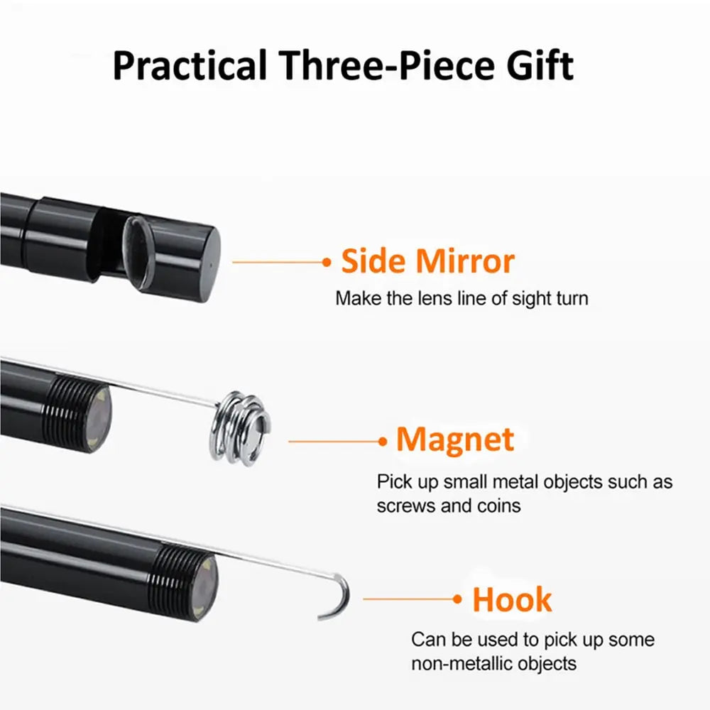 Endoscope camera accessories: side mirror, magnet, and hook attachments for probe