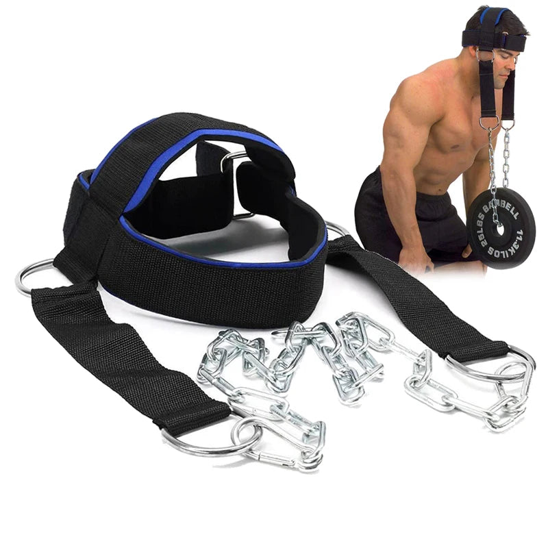Adjustable black neck weight harness cap with chin strap, steel chains, and D-ring clips
