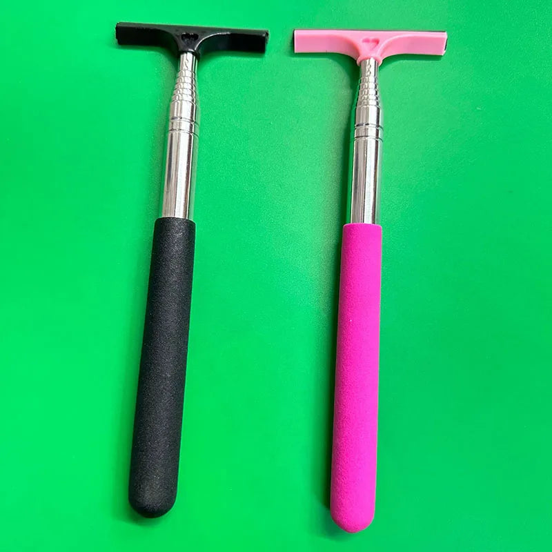 Telescopic mirror wipers: green and pink handles with black blade ends