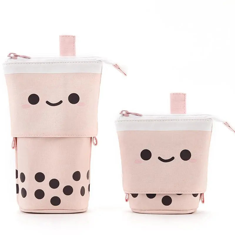 Pair of canvas pencil pouches with zipper, light pink cat faces on front.