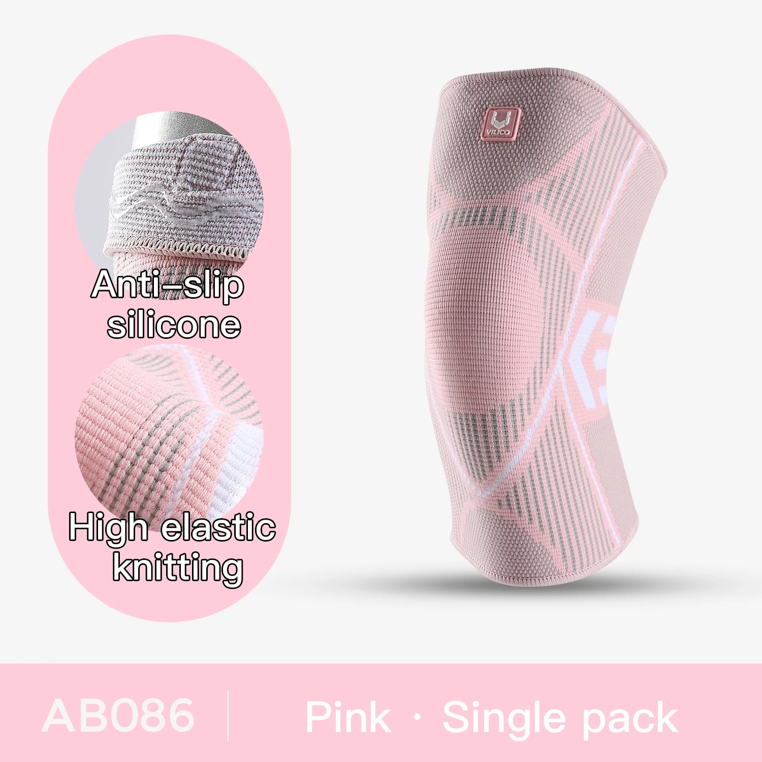 Pink compression knee support sleeve, breathable knit, silicone anti-slip grip