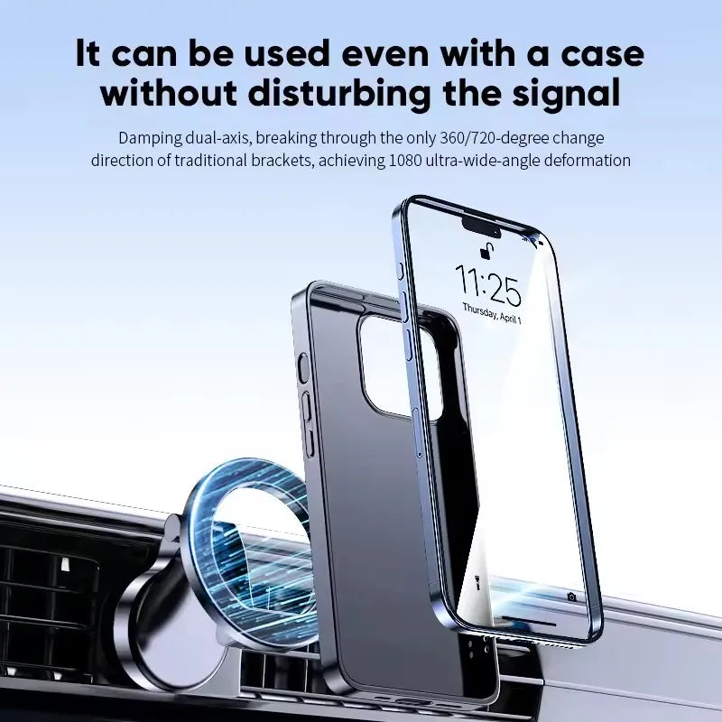 Black MagSafe car phone holder holding a phone in a case on a vent mount
