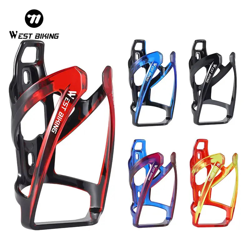 Assorted color bicycle water bottle cages: red, blue, and black lightweight mounts