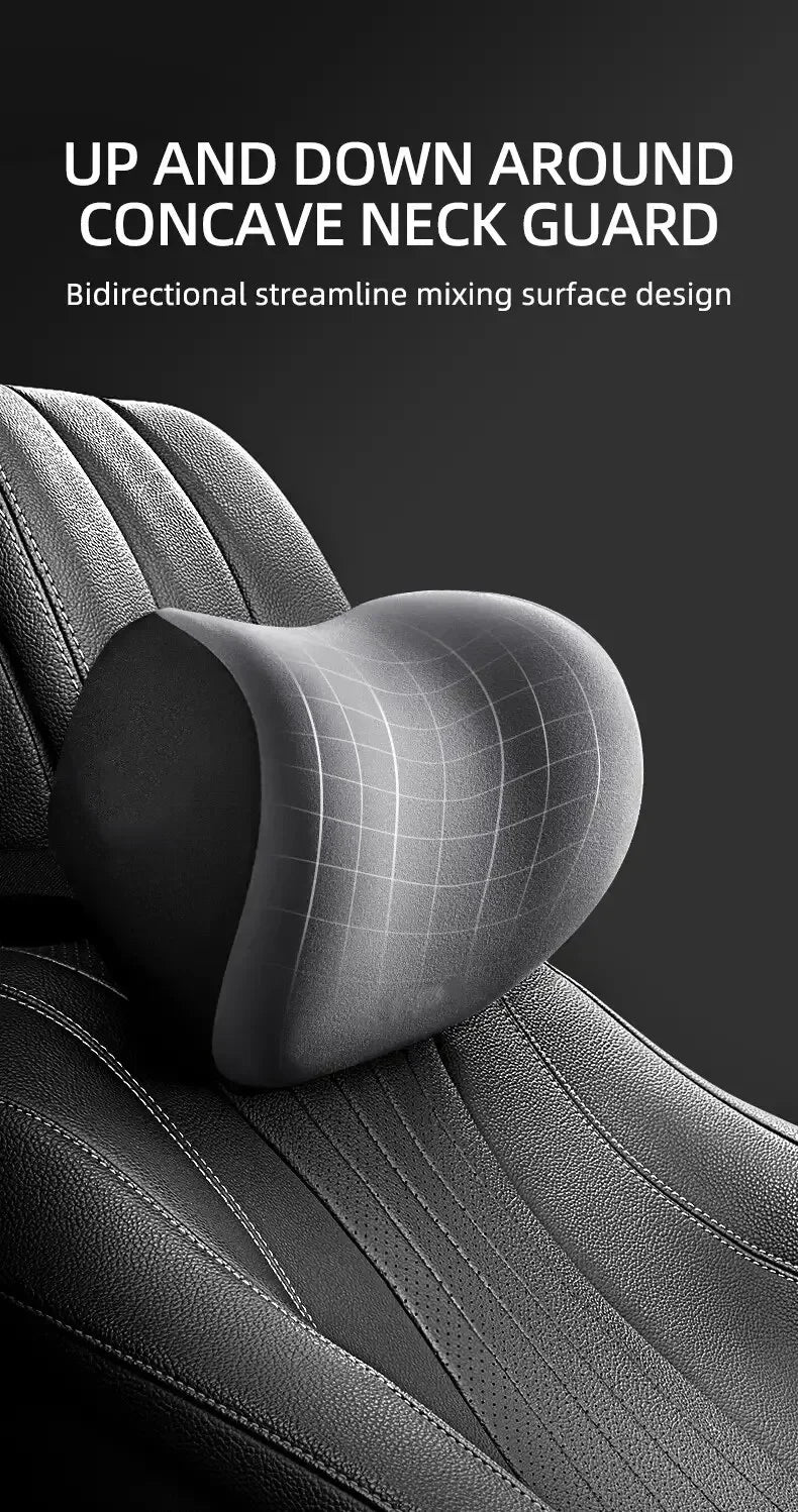 Black contoured neck guard headrest cushion with grid-texture surface for car seats