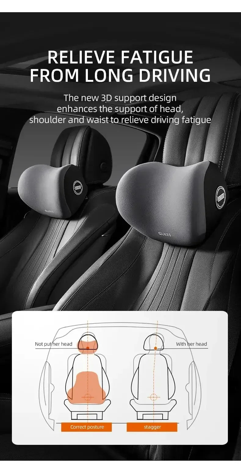 Gray headrest and lumbar support cushions with contoured 3D design for drivers