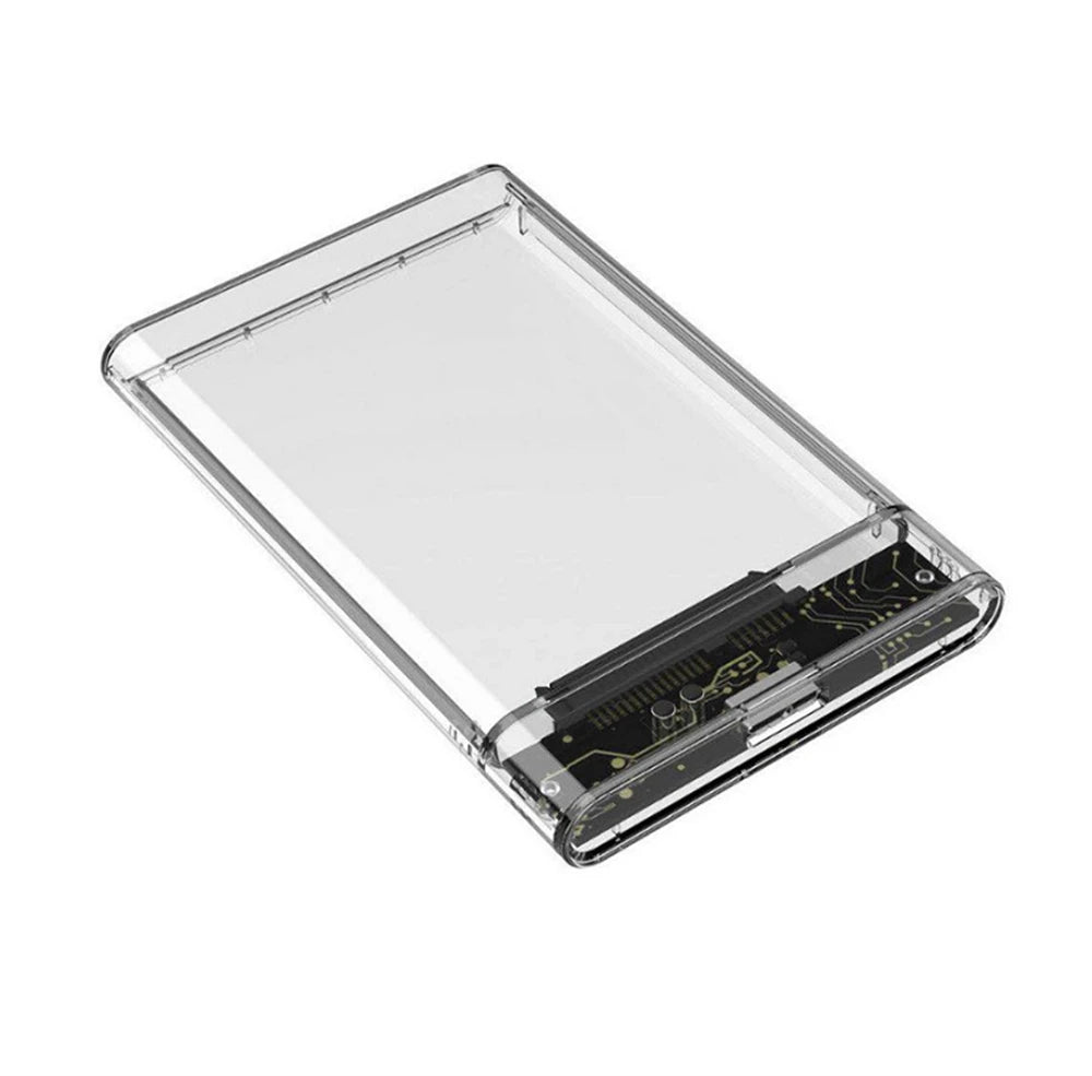 2.5-inch USB 3.0 HDD enclosure closed in clear case with visible internal SATA slot