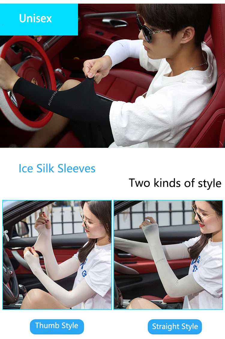 Black anti-UV arm sleeves with thumb-style opening worn while driving.