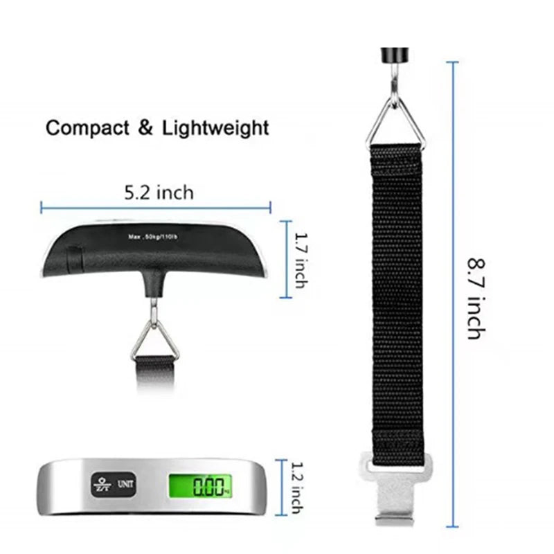Compact digital hanging scale with black strap, metal hook, and green LCD screen
