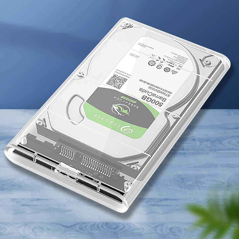 2.5-inch transparent hard drive enclosure case holding a 2.5-inch HDD