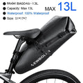 Black waterproof bike tail saddle bag with NEWBOLER logo and strap-secured fit, max 13L
