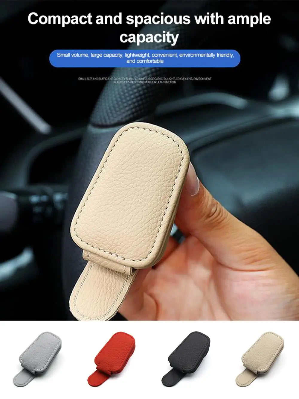 Beige car glasses clip holder held in hand, compact stitched design.