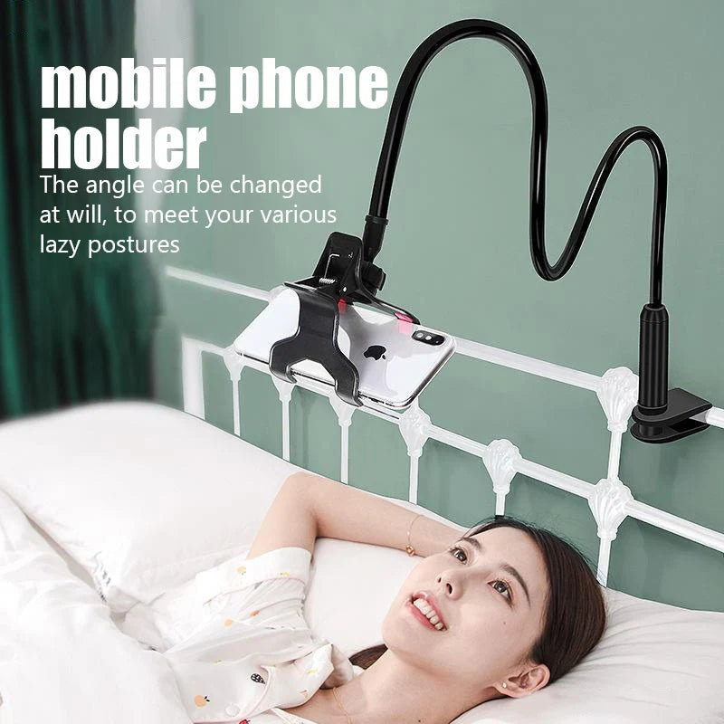 Flexible black phone holder with adjustable clip and coiled arm for desk or bed