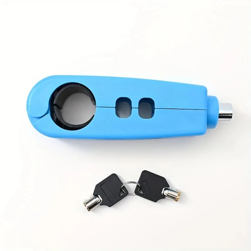 Blue handlebar grip anti-theft lock with two keys and keyring