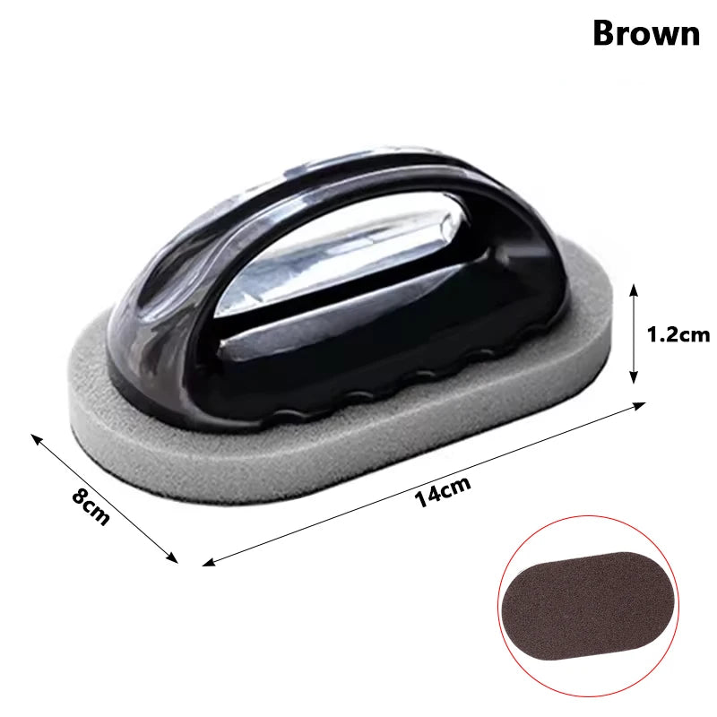 Brown emery sponge brush cleaner with handle and gray abrasive base