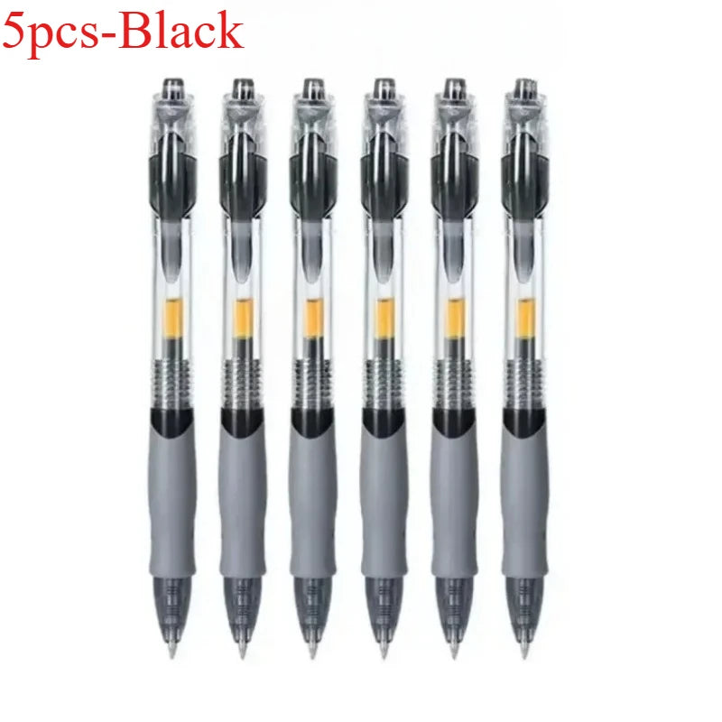 Retractable gel pen set of 5, black barrels with clip and retractable tip.