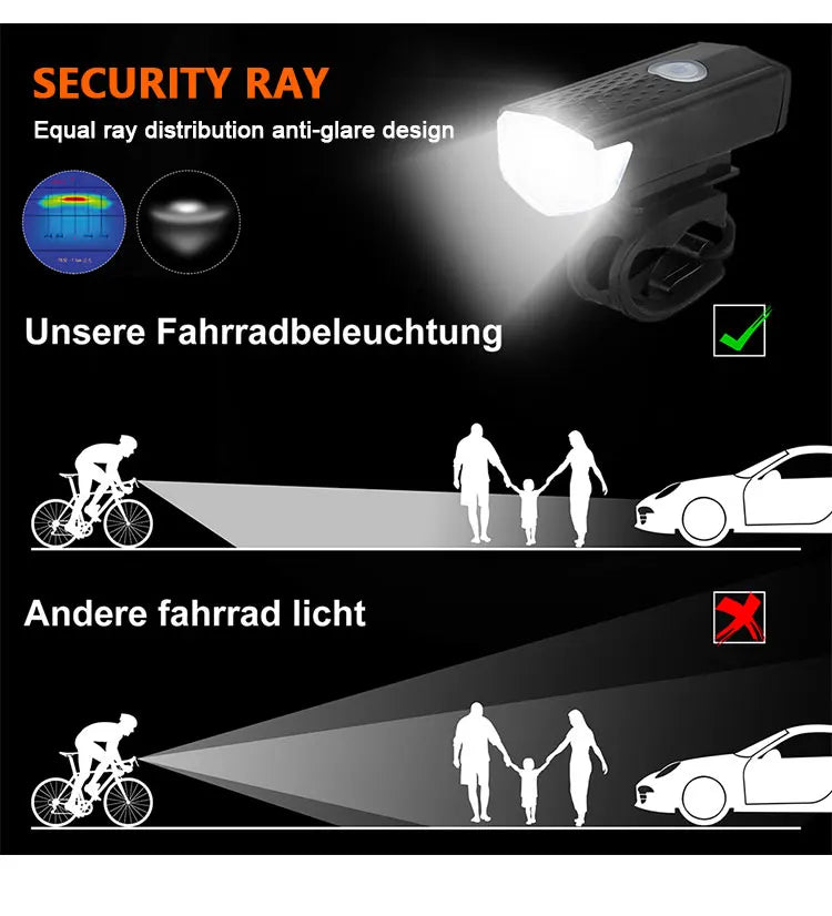 USB rechargeable bicycle light set with black front headlight and red rear light