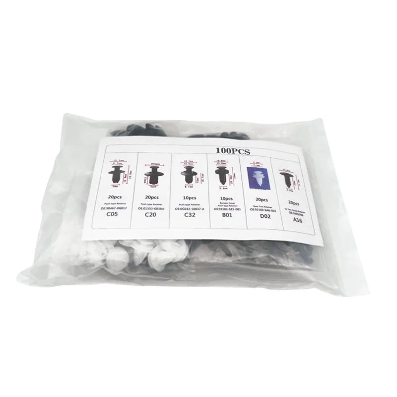 Auto push retainer clip kit sealed in clear plastic bag, mixed black and white clips